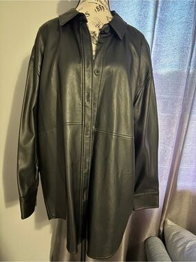 Black Faux Leather Shirt Jacket